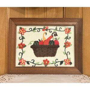 Vintage Wood Framed Crewel Autumn Vegetables Country Basket Wall Decor
